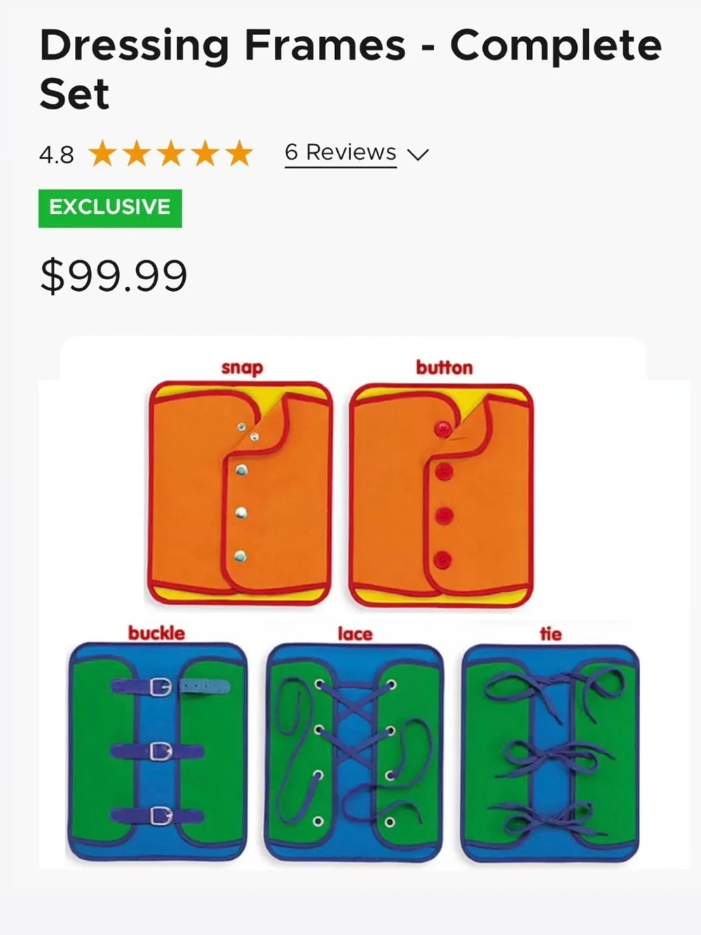Lakeshore Learning 5 piece set Dressing Skills Board- Orange and Yellow